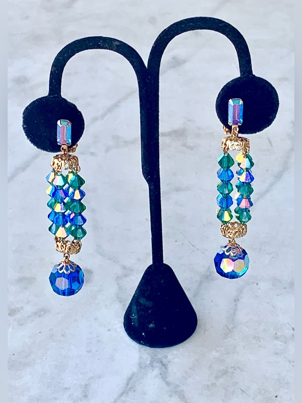 LEWIS SEGAL OF CALIFORNIA EARRINGS CLIP DANGLE 4 INCH VINTAGE 60’s BLUE GREEN AB